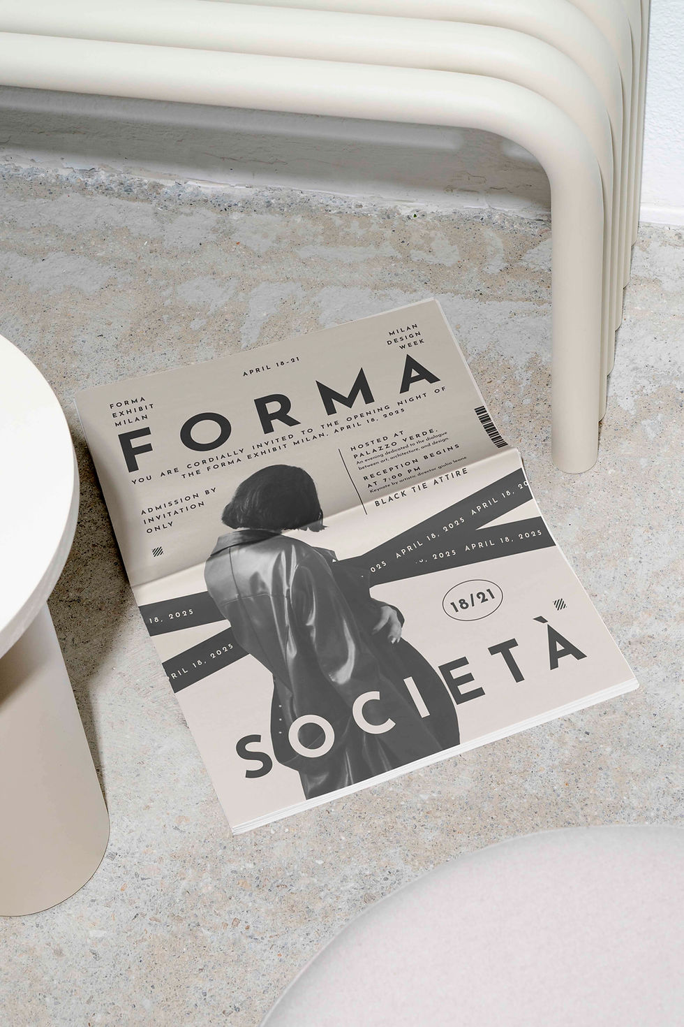 Forma Società magazine cover on marble floor — sophisticated print design highlighting modern editorial style.