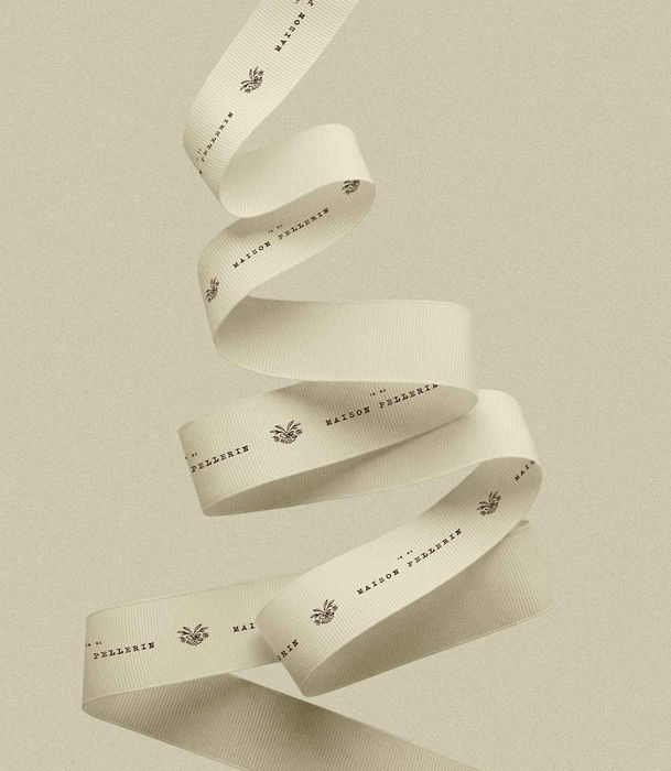 Maison Pellerin branded grosgrain ribbon with botanical motif and wordmark, luxury confectionery packaging design by Studio Ruby Signorelli