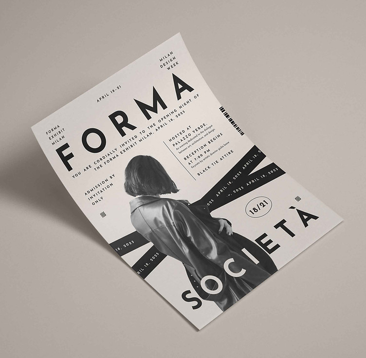Magazine cover showing FORMA SOCIETÀ, with woman's silhouette in minimalist design.