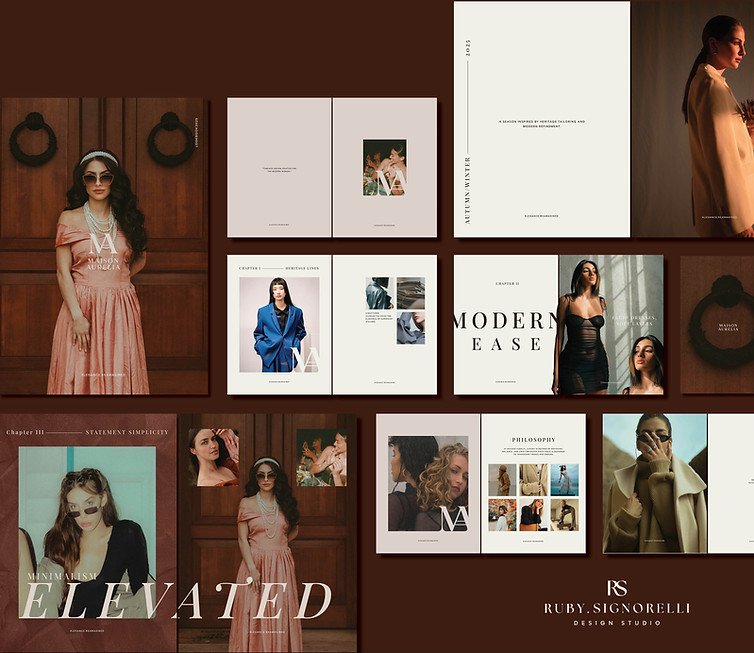Collection of magazines with models, text ELEVATED and rubysignorelli.com design studio ABOUT fashion
