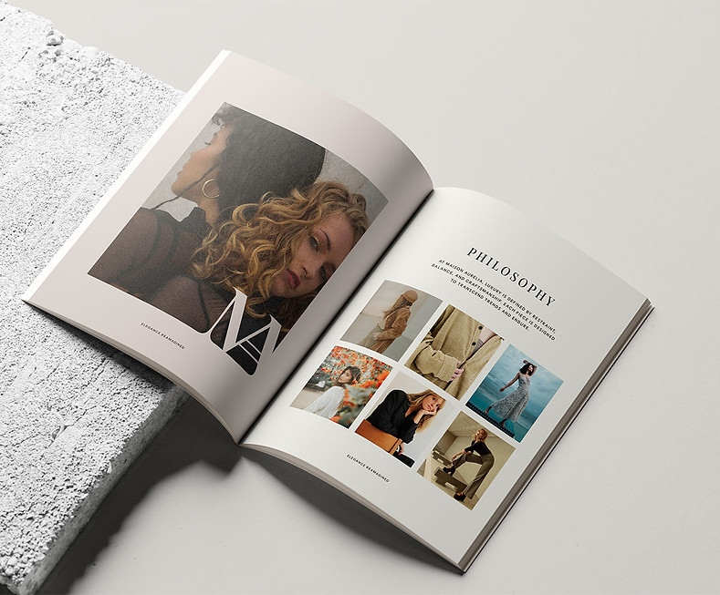 Magazine open to collage layout of model photography — luxury editorial storytelling by Ruby Signorelli Studio.