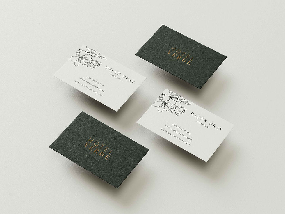 Business cards with gold foil logo — premium brand collateral designed by Ruby Signorelli Studio.