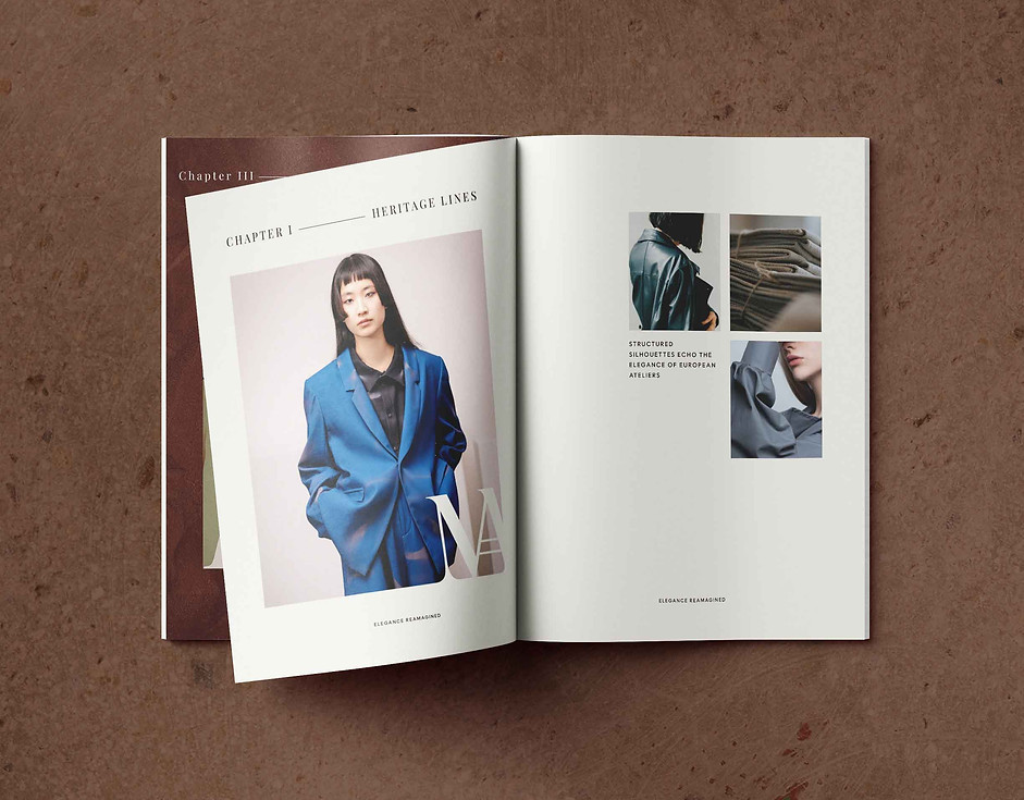 Open editorial spread featuring blue tailored look — modern femininity and refined composition.