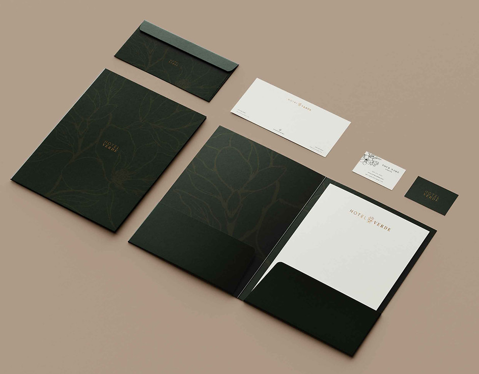 Complete stationery flat-lay — Hotel Verde correspondence materials designed with precision and balance.
