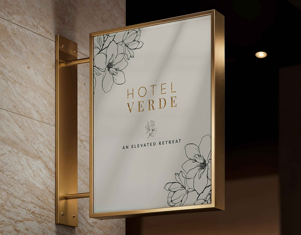 Hotel Verde signage with floral line art — architectural brand detail blending luxury and calm.