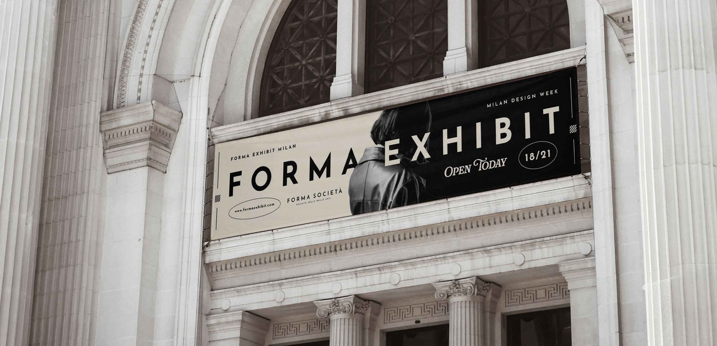 Forma Società exhibition banner on neoclassical building facade — exhibition identity and environmental design by Studio Ruby Signorelli