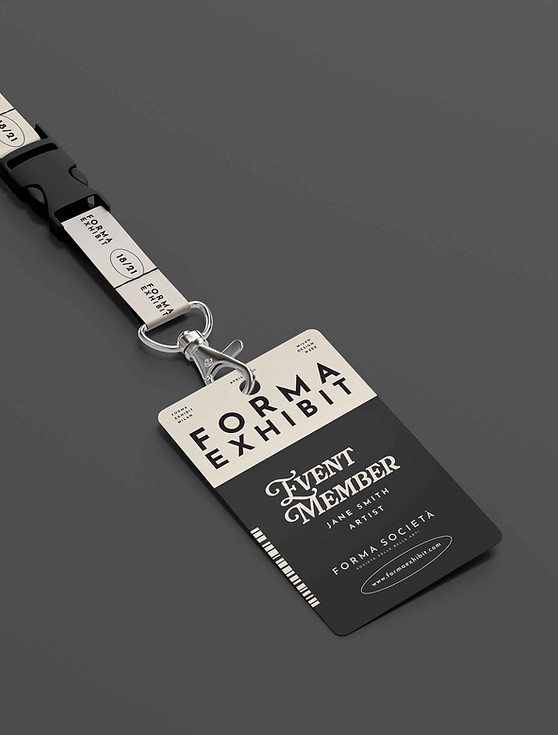 Event badge with minimalist typography — detail shot from Forma Società brand identity system.