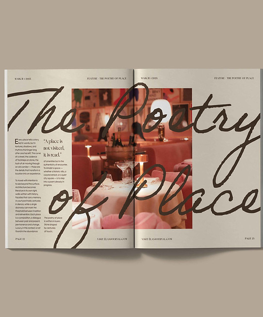 Open magazine with modern editorial spread — visual representation for Signature plan.