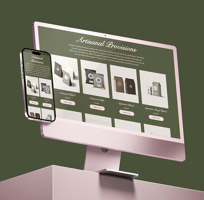 Website mockup displaying 'Artisanal Provisions' on monitor and mobile, rubysignorelli.com