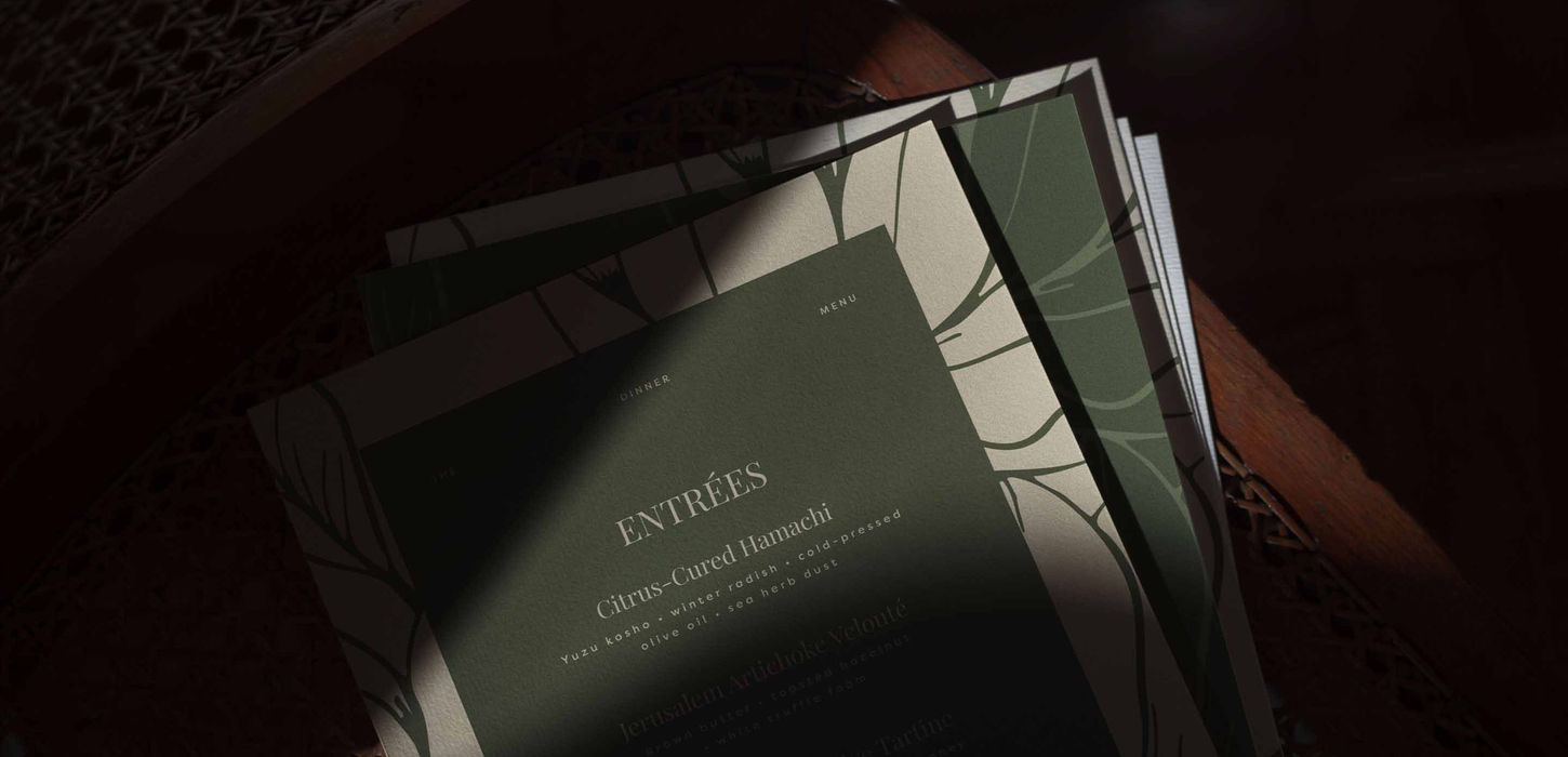 Hotel Verde restaurant menu showing Entrées page with botanical detail — luxury hospitality print design by Studio Ruby Signorelli