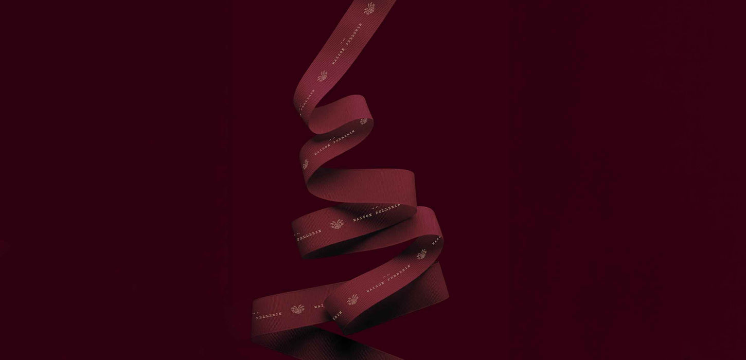 Maison Pellerin branded grosgrain ribbon in burgundy with botanical motif and wordmark, confectionery packaging design by Studio Ruby Signorelli