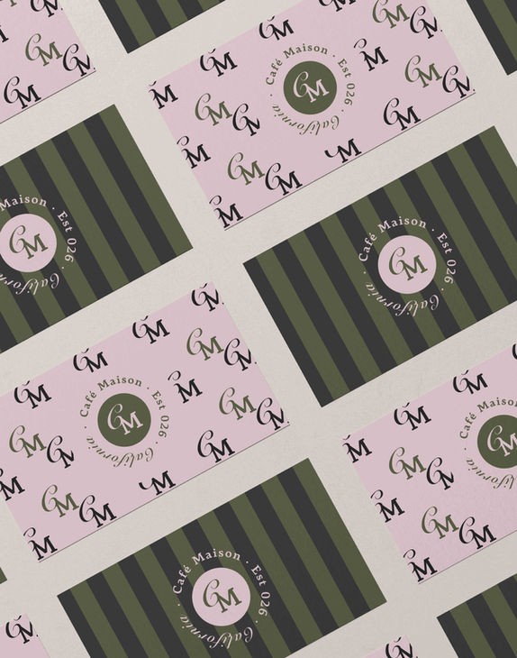 Café Maison stationery and stripe pattern flatlay in olive and blush — Maison Brand Kit by Studio Ruby Signorelli