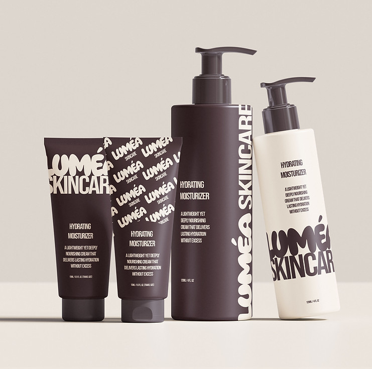 Product lineup with Luméa Skincare packaging — Ruby Signorelli Studio project example highlighting cohesion and polish.