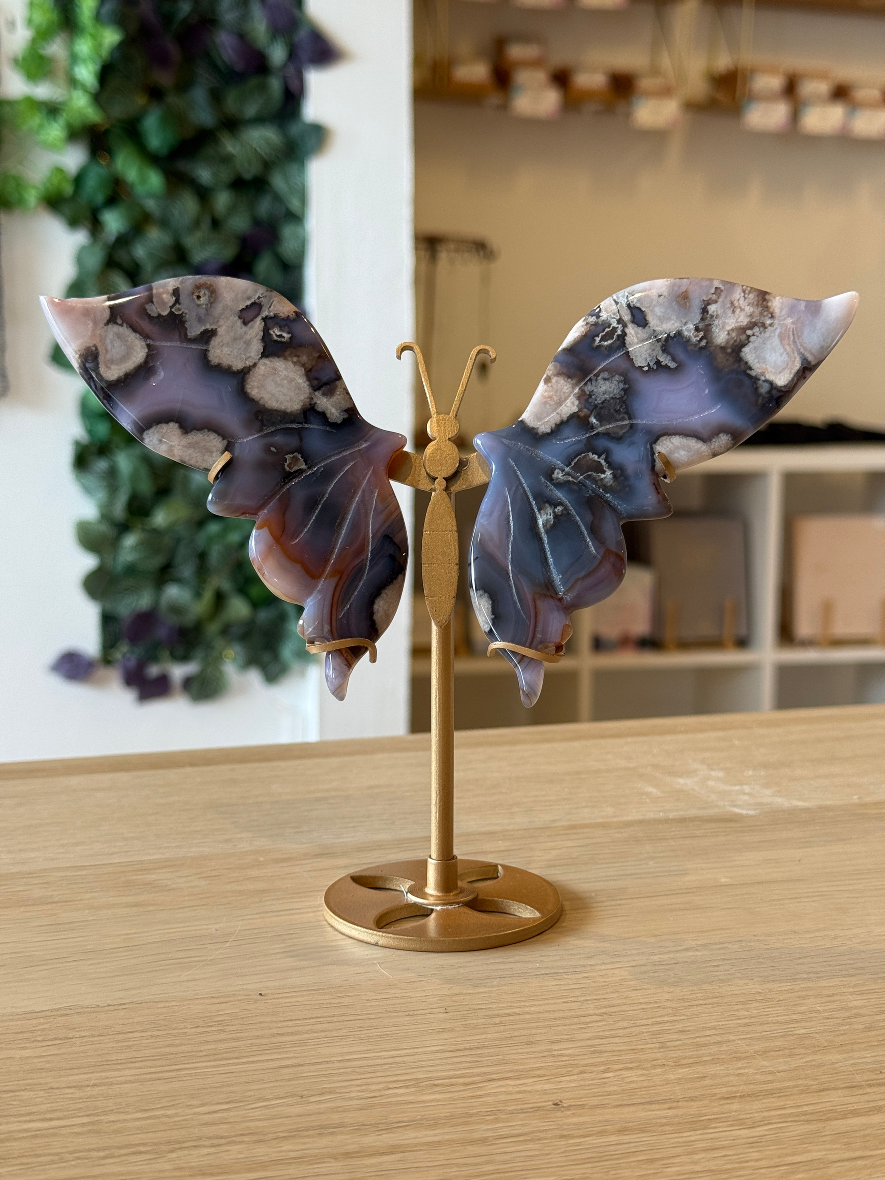 Blue Flower Agate Butterfly Wings on Stand - 16.5cm x 19.5cm - 254g