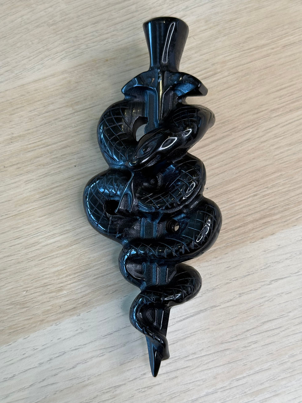 Thumbnail: Black Obsidian Snake and Sword Crystal Carving - 117g - 12x6cm