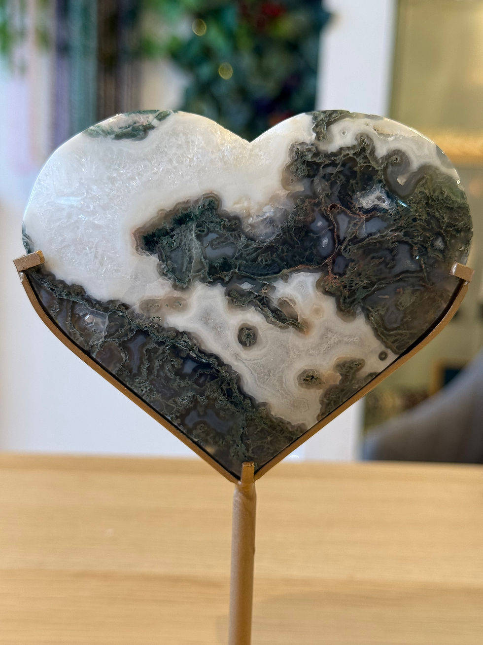 Thumbnail: Moss Agate Heart on Stand - 380g - 16cm x 10.5cm