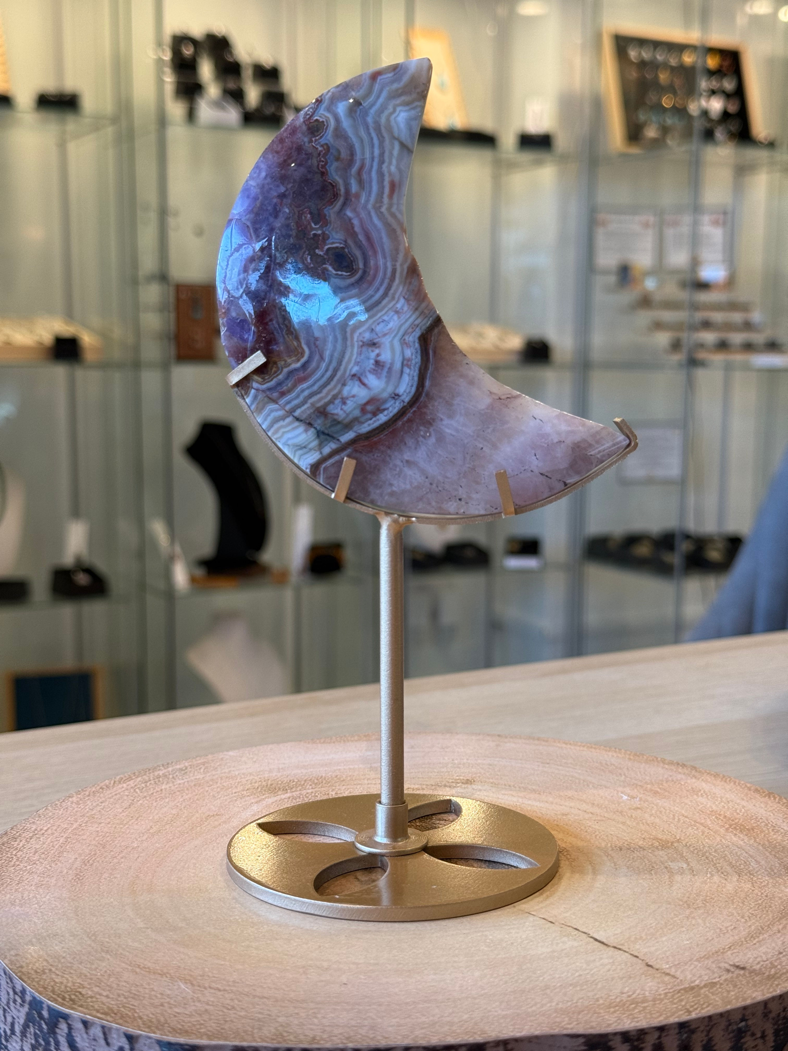 Mexican Agate and Amethyst Moon on Stand - 19cm x 10cm - 338g