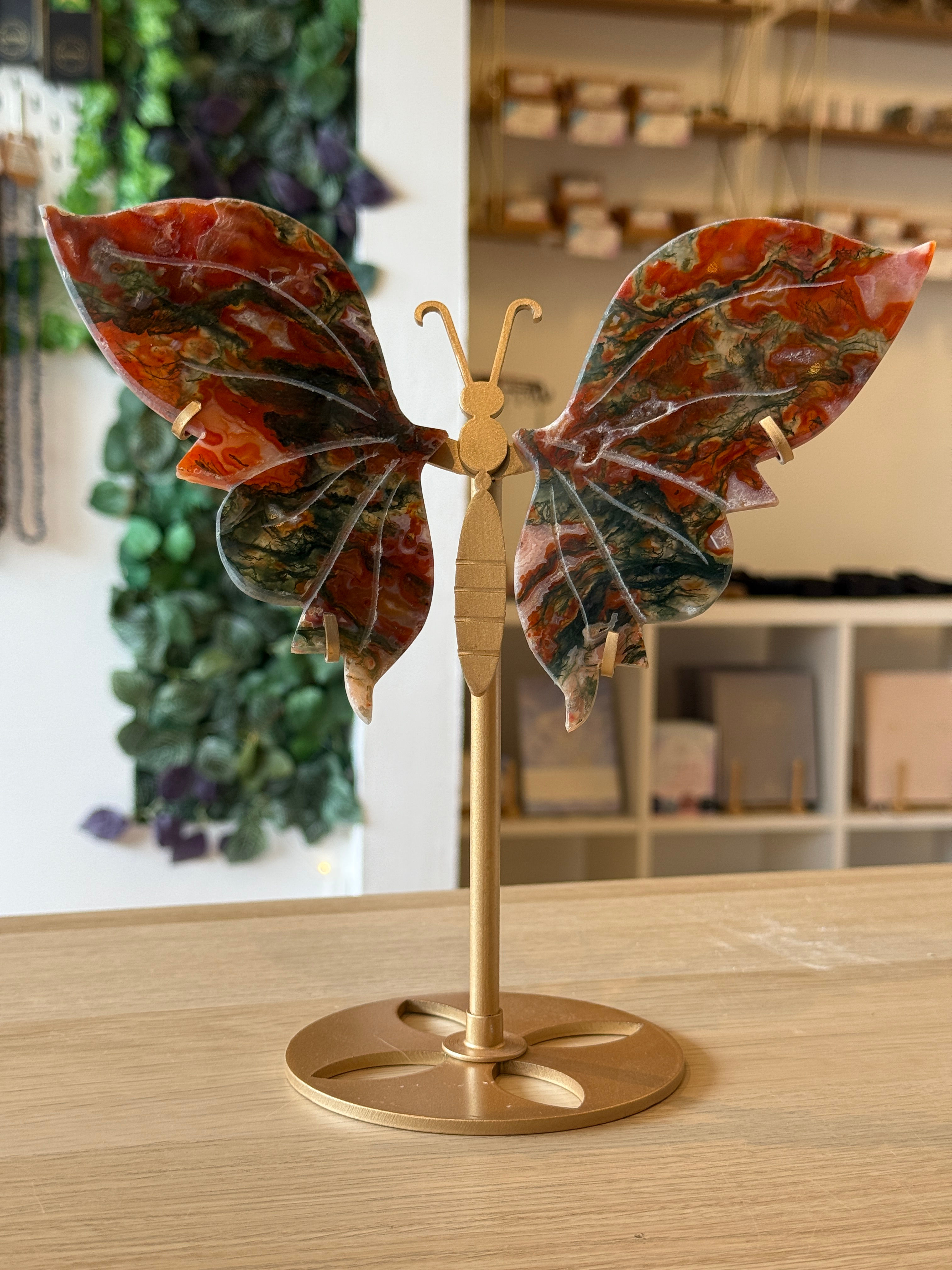 Red Moss Agate Butterfly Wings on Stand - 21.5cm x 21cm - 456g