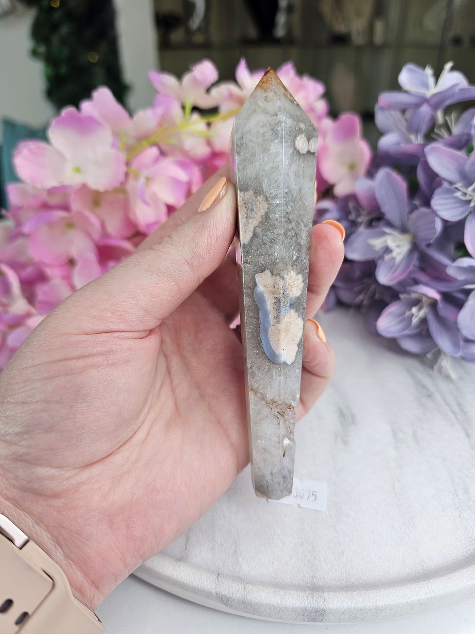 Thumbnail: Flower Agate Wand with Druzy on Stand - 182g - H13.7cm -W3.5cm