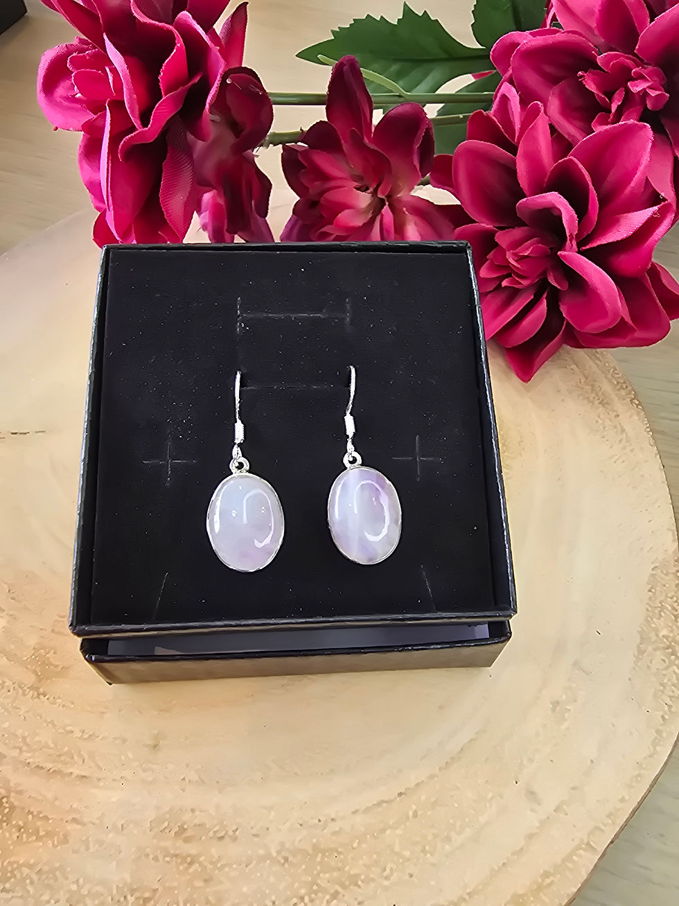Thumbnail: Pink Moonstone Sterling Silver Drop Earrings