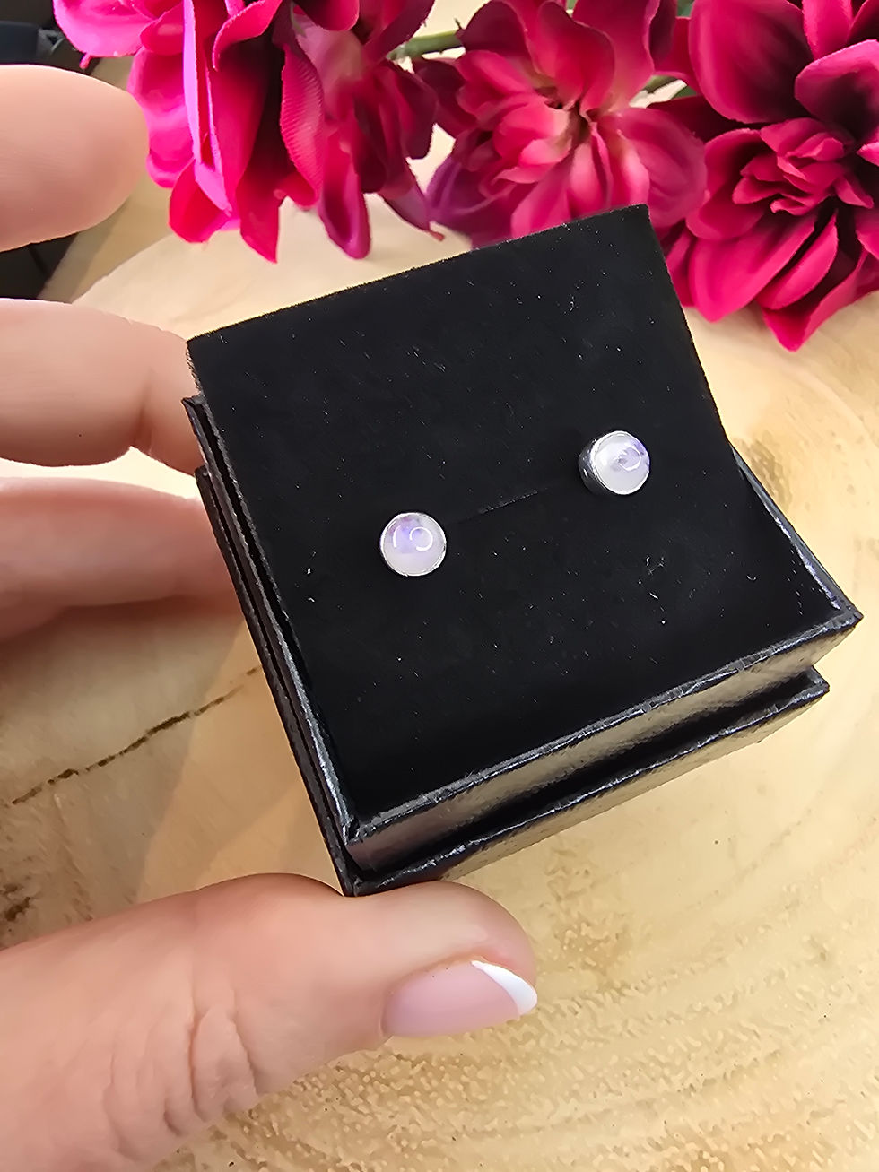Thumbnail: Pink Moonstone Sterling Silver Stud Earrings