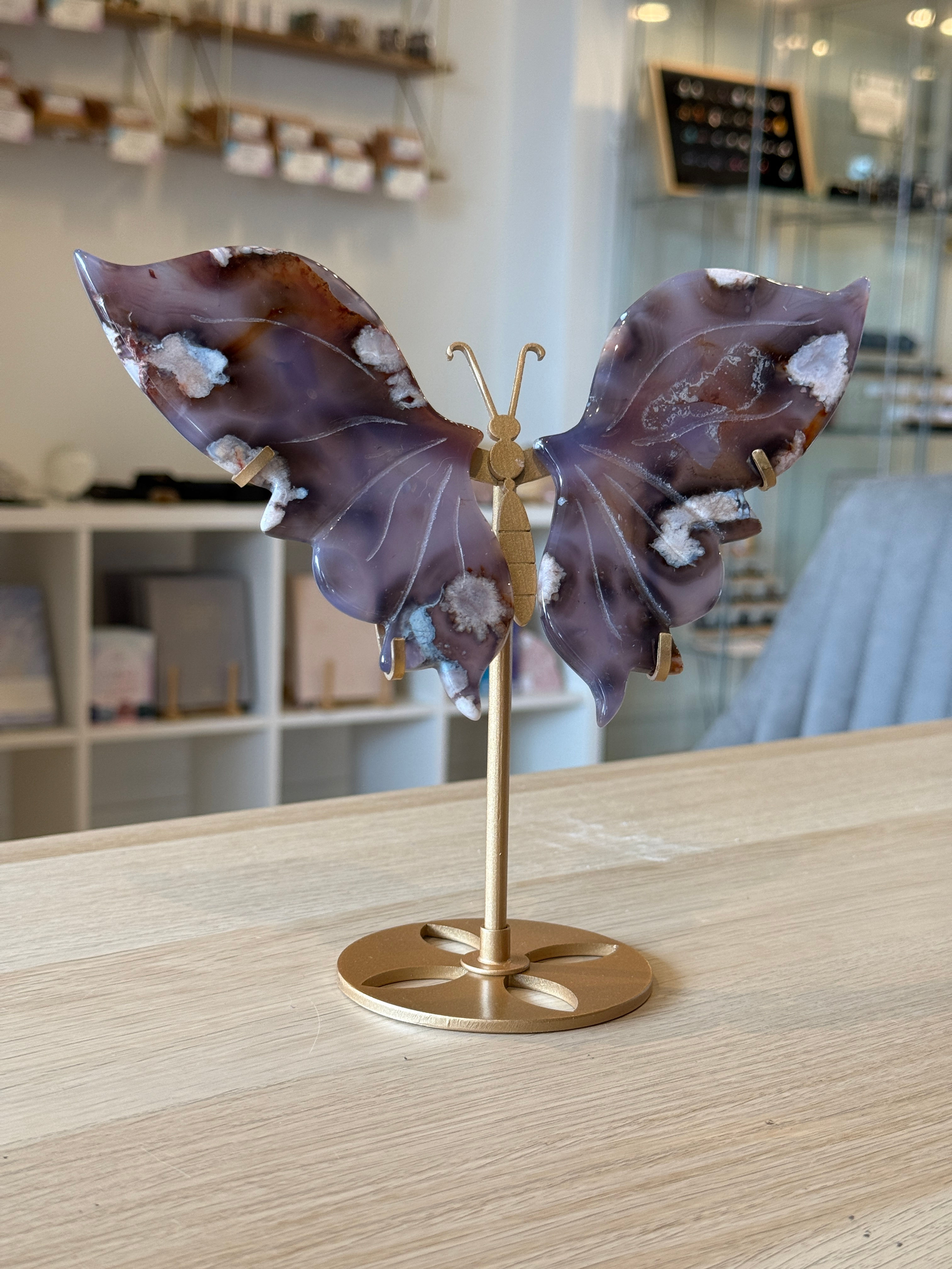 Blue Flower Agate Butterfly Wings on Stand - 19cm x 20cm - 332g