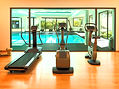 A treadmill, exercise bike and cross trainer are arranged in a bright, modern home gym, which looks out onto a swimming pool and sun loungers.