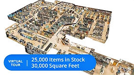 A 3D rendering of a large retail store, Micro Center on Behel Road showing a top down view of the store's layout. The store is divided into different sections, with each section containing different types of computer products. 25,000 items in stock