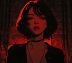 A young woman with short black hair and red lips is wearing a black leather jacket and standing in front of a red brick wall. The light from a red lamp is shining on her face, and the shadows from the lamp are falling on the wall behind her.