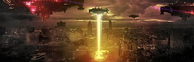 An illustration of an alien invasion. Flying saucer-like vehicles are hovering over a city, shooting some kind of laser beam. The sky is dark and there is an orange glow on the horizon.