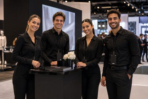 Staffed trade-show booth with brand ambassadors greeting attendees