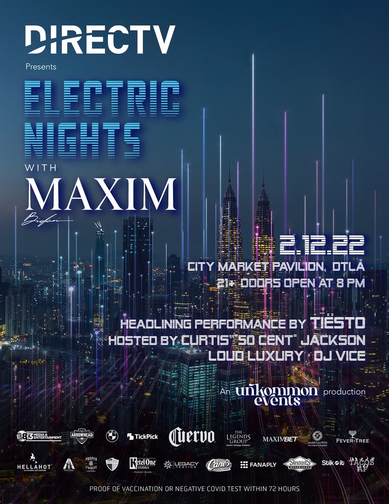 Event flyer: DIRECTV presents Electric Nights with MAXIM, City Market Pavilion, Los Angeles