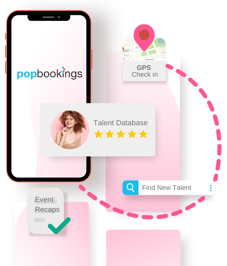 The booking platform the agency runs on: talent database, GPS check-in, and event recaps