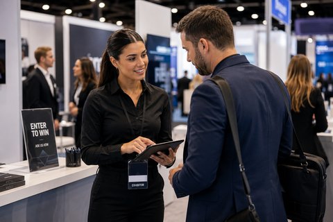 A brand ambassador capturing a visitor's details on a tablet at a trade-show booth