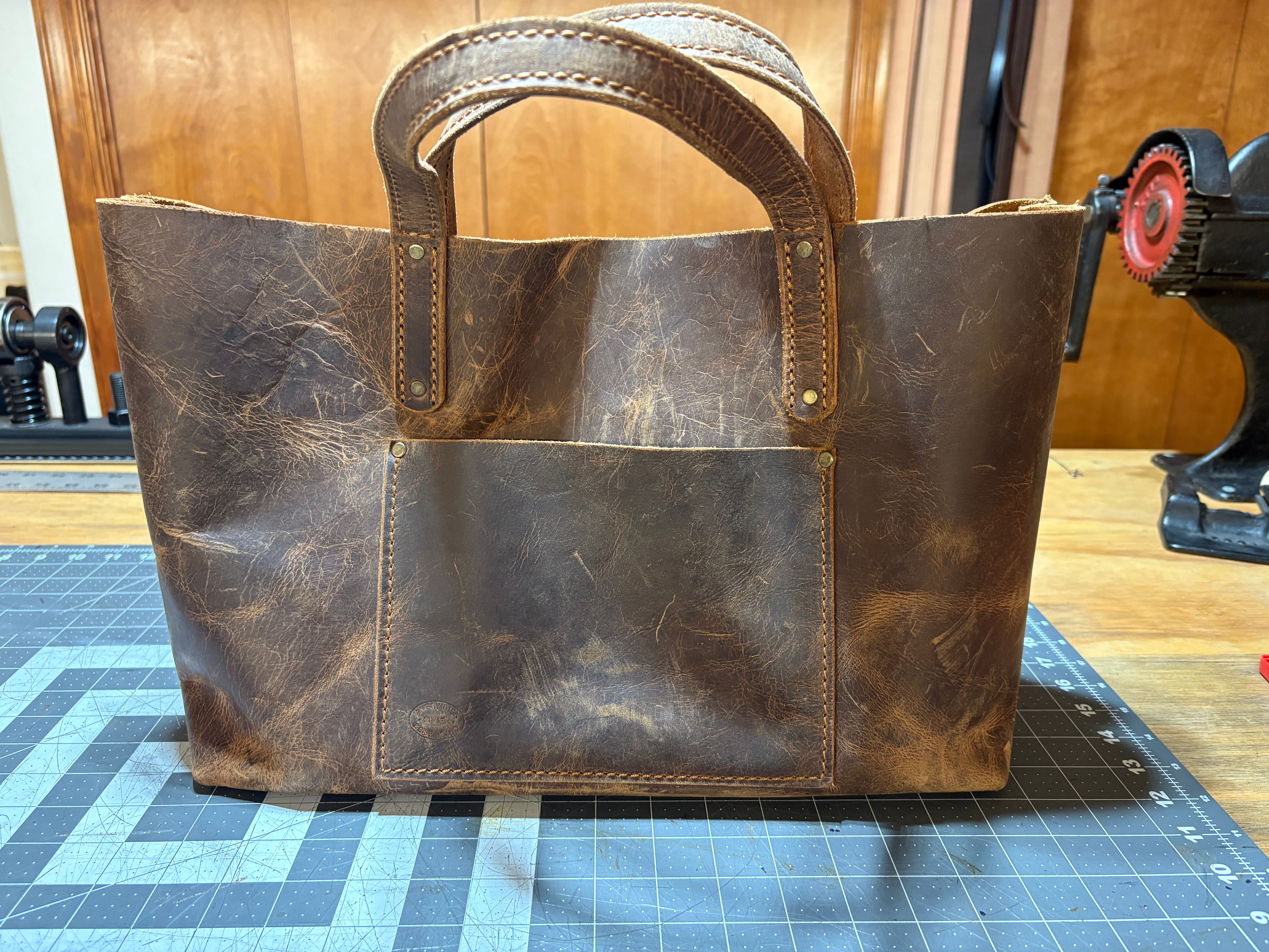 Medium Leather Tote Bag - Distressed Brown w/ Gold Stitching