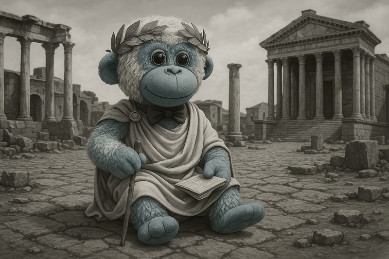 קוף כחול לבוש בגדי רומאים עתיקים