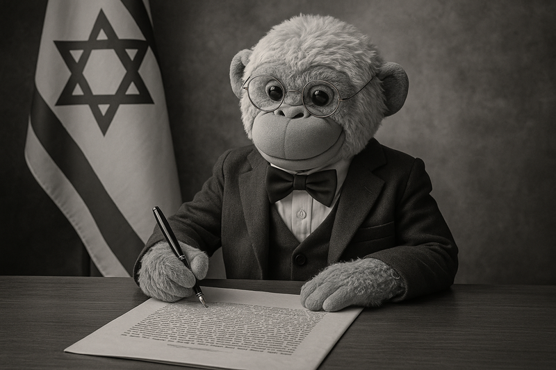 קוף בחליפה חותם מסמך, דגל ישראל ברקע