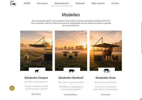 Overzicht van verschillende schaduwkarren voor paarden en runderen op de website.