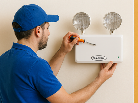 Técnico con camiseta y gorra azules usando un destornillador para instalar o dar mantenimiento a una luminaria de emergencia Segurimax de dos focos montada en la pared.