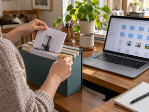 Manual de un aparato junto a un portátil con una carpeta digital abierta.
