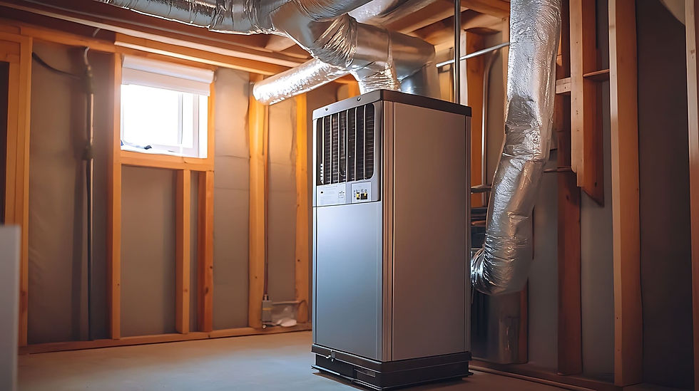 Fournaise à air pulsé installée dans un sous-sol résidentiel, avec conduits de ventilation reliés au système de chauffage.