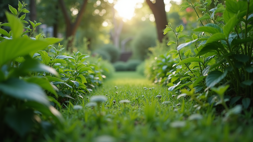 Eye-level view of a lush green garden with diverse plants