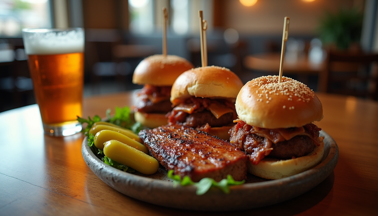 High angle view of a gourmet BBQ platter with sliders and pickles at Jack Dusty