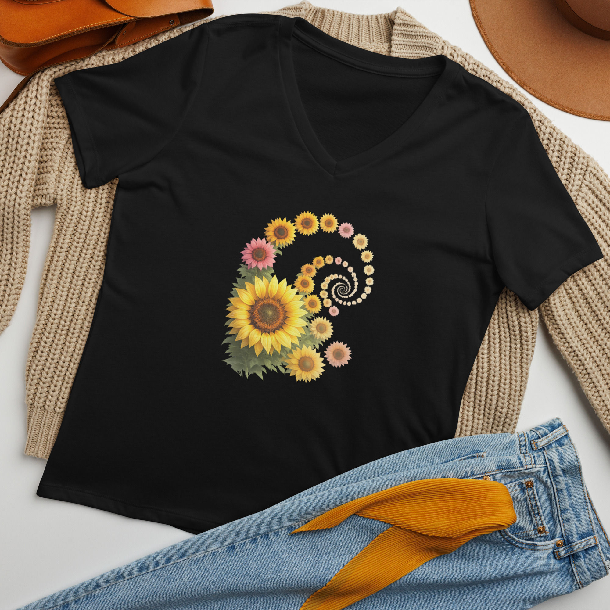 tee shirt v neck sunflower spiral