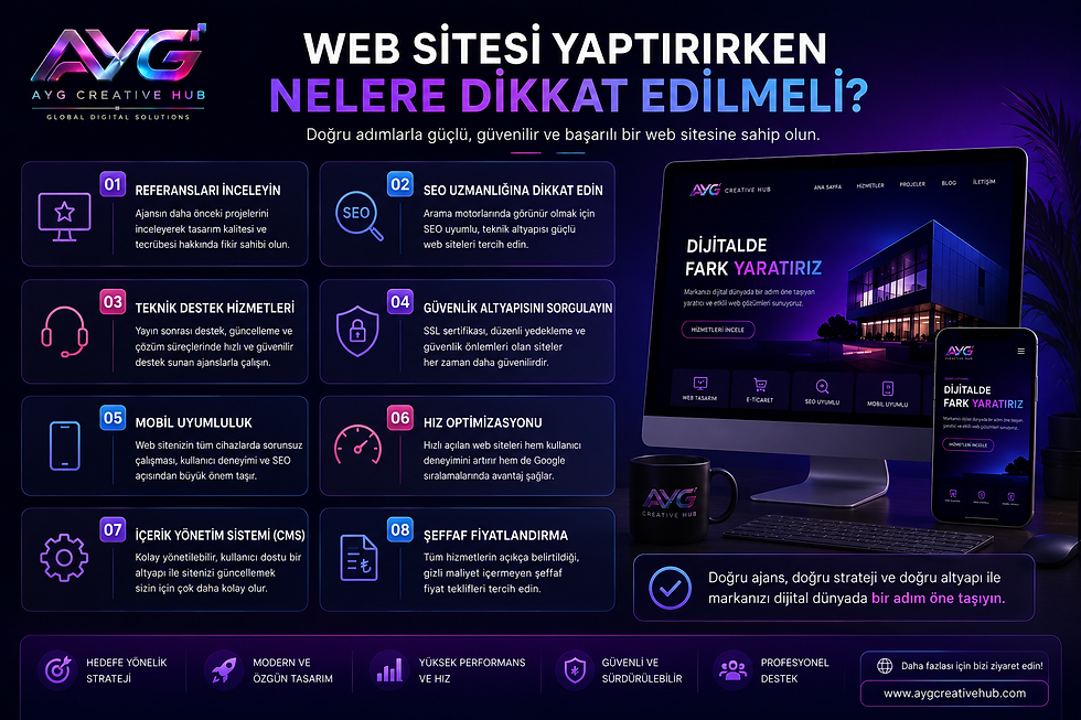 Web sitesi yaptırırken dikkat edilmesi gerekenler; SEO uyumluluk, güvenlik, mobil tasarım ve teknik destek hizmetleri