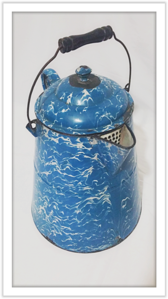 Thumbnail: Large Antique Coffee Pot: Blue Granite-Ware