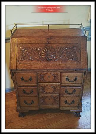 Thumbnail: Antique Slant Drop Oak Carved Secretary Desk