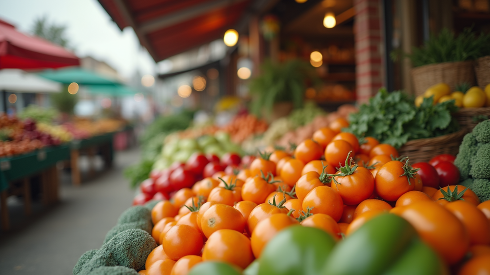 Eye-level view of a local farmer's market with fresh produce
