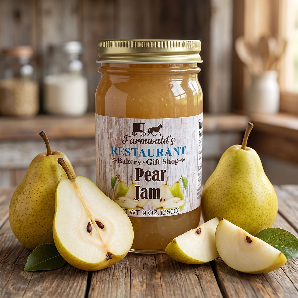 Farmwald's Pear Jam 9oz jar with fresh pear slices.