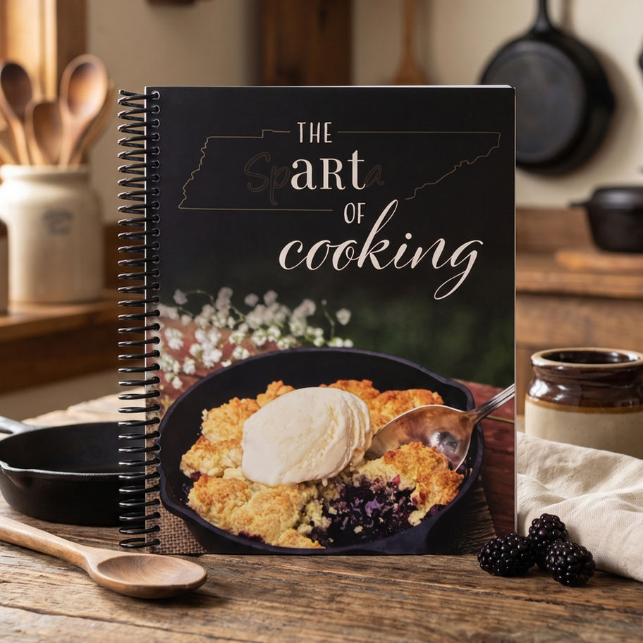 The Art of Cooking spiral-bound cookbook featuring a berry cobbler.